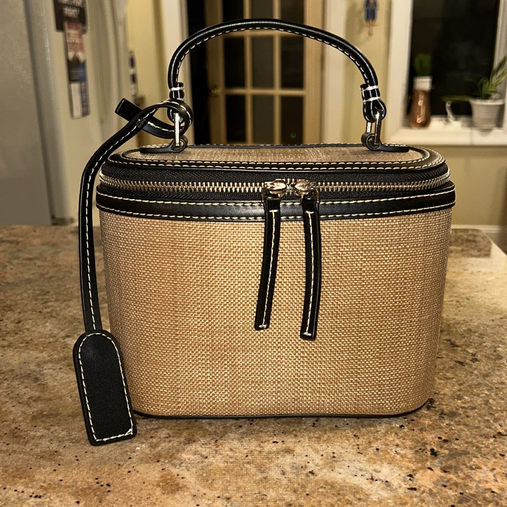 RARE! VASIC top handle zip top woven case with espresso leather trim
